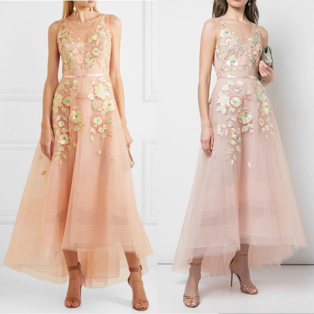 Marchesa Notte Floral Embroidered Bodice Tulle Gown. Size 0/XS
